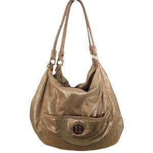 Tory Burch Lotus Metallic Gold Leather Suede Hobo Shoulder Bag